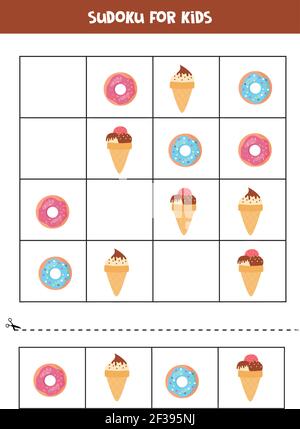 Sudoku per bambini in età prescolare. Gioco logico con gelati e ciambelle. Illustrazione Vettoriale