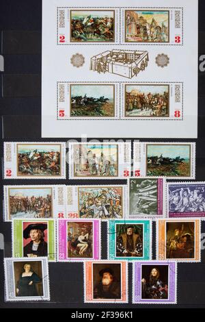 05.03.2021 Istanbul Turkey - Bulgare Poststage Stamp Collection circa 1965 - 1978 - pagina 12. Dipinti di francobolli usati e cancellati dal Museo di Dresda Foto Stock