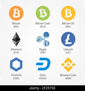 Nove icone vettoriali di criptovaluta più diffuse. Simboli di criptovaluta isolati su sfondo bianco. Illustrazione Vettoriale