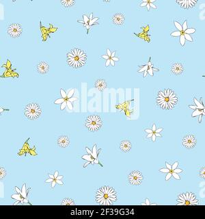Vettoriale blu sfondo bianco giallo limonia motivo floreale senza cuciture. Margherite, gigli. Sfondo con ripetizione senza giunture Illustrazione Vettoriale