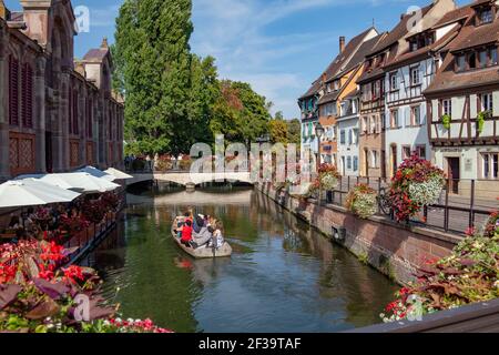 Colmar (Francia nord-orientale): Facciate di case a graticcio, case tradizionali alsaziane, banchina "quai de la Poissonnerie". Gita in barca lungo il fiume Foto Stock