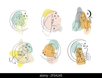 Set di disegni a riga singola di ritratti di donne con luna e stelle su astratto sfondo geometrico neutro. Illustrazione Vettoriale