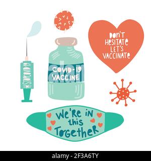 Vettore del set di icone del coronavirus. Interrompere Corona, vaccinare, tempo vaccino Covid 19, siringa, maschera facciale. Simpatico cartoon di illustrazione vettoriale disegnato a mano Illustrazione Vettoriale
