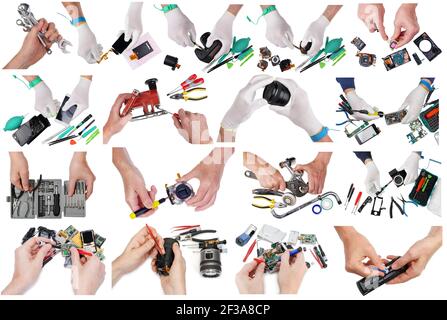 Il riparatore riparazione di varie cose e oggetti set. Isolato su bianco Foto Stock
