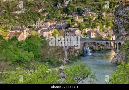 Villaggio di Saint-Chély-du-Tarn, fiume Tarn, Gorges du Tarn, comune Gorges du Tarn Causses, dipartimento di Lozere, regione Occitanie, Francia Foto Stock