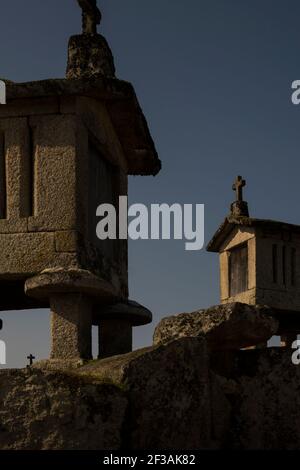 Espigueiros, una struttura in pietra utilizzata per mantenere al sicuro i raccolti durante l'inverno nei villaggi rurali del nord del portogallo Foto Stock