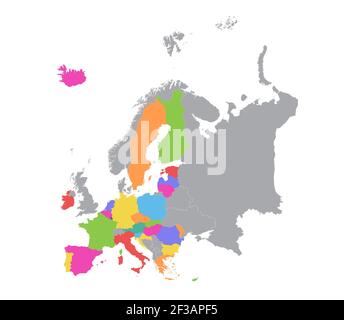 Mappa europea e Unione europea, singoli stati separati con nomi, mappa dei colori isolata su sfondo bianco vuota Foto Stock