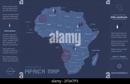 Mappa dell'Africa, stati individuali, vettore di disegno piatto blu infografico Illustrazione Vettoriale