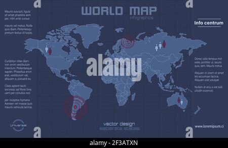 Mappa del mondo, stati individuali, vettore di disegno piatto blu infografico Illustrazione Vettoriale