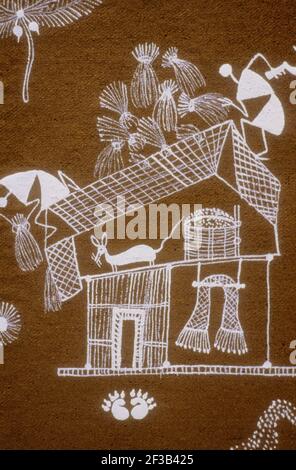 India, pittura Warli, fieno sul tetto, mouse in soffitta. Foto Stock