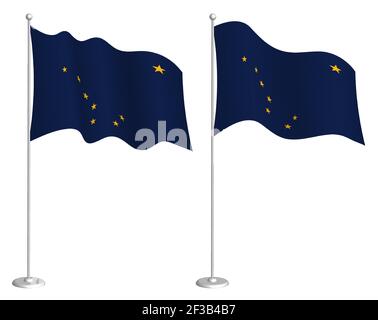Bandiera dello stato americano dell'Alaska su flagpole che ondola nel vento. Elemento di design per le vacanze. Punto di verifica per i simboli della mappa. Vettore isolato su sfondo bianco Illustrazione Vettoriale