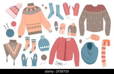 Set di abiti invernali a maglia, collezione di maglieria in lana con calzini maglioni in sciarpa Illustrazione Vettoriale