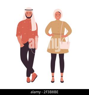 Giovani musulmani alla moda, giovani arabi e donne in piedi insieme, indossando abiti moderni Illustrazione Vettoriale