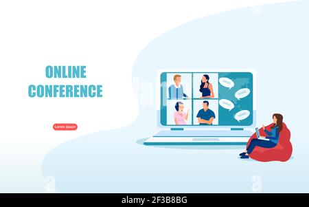Concetto di videoconferenza. Vettore di una donna che usa il computer per una riunione online con gli amici. Illustrazione Vettoriale