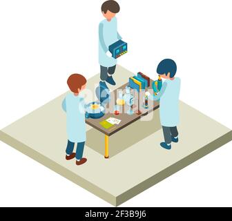 Isometrica di laboratorio. Laboratorio chimico scientifico con vari articoli liquidi tossici fiale tubi microscopio illustrazioni vettoriali 3d Illustrazione Vettoriale