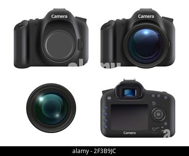 Fotocamere digitali. Fotocamera dslr realistica per fotografi con obiettivo e attrezzature professionali vettoriali realistico Illustrazione Vettoriale