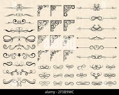 Bordi e spigoli calligrafici. Cornici ornamentali elementi floreali ornati per carte da sposa vettore classica collezione di modelli Illustrazione Vettoriale