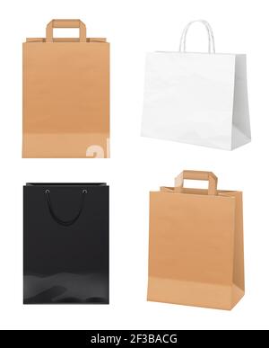 Sacchetti di carta. Contenitori vuoti nero nero e carta artigianale merchandising Identity bags vettore realistic mockup Illustrazione Vettoriale