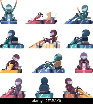 Auto da karting. I piloti veloci velocizzano le macchine karting sulle illustrazioni vettoriali su strada Illustrazione Vettoriale