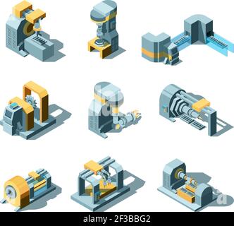 Macchine industriali. Produzione macchinari lavorazione attrezzature smerigliatrice gru sega vettore industria pesante immagini isometriche Illustrazione Vettoriale