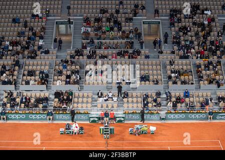 Vista degli stand di Court Philippe Chatrier durante la finale maschile di Singles del French Open 2020, Parigi, Francia, Europa. Foto Stock