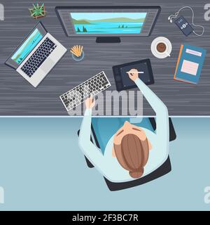 Vista dall'alto dell'area di lavoro. Tavolo da ufficio freelance e manager o freelance che lavorano al computer seduto alla scrivania immagine vettoriale Illustrazione Vettoriale