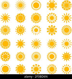 Icone del sole. Sunrise creatività cerchio sole forme logo tramonto simboli stilizzati collezione vettoriale Illustrazione Vettoriale