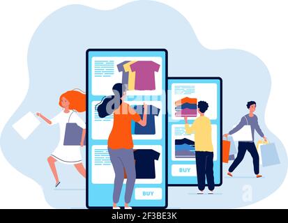 Shopping online. La gente che acquista i prodotti nel deposito di fotoricettore e commercio smartphone che paga il concetto del vettore Illustrazione Vettoriale
