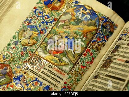 Una pagina delle ore Bedford, di proprietà del Duca di Bedford, un manoscritto medievale riccamente illustrato da mostrare alla Biblioteca Britannica 23march al 2 luglio foto David Sandison Foto Stock