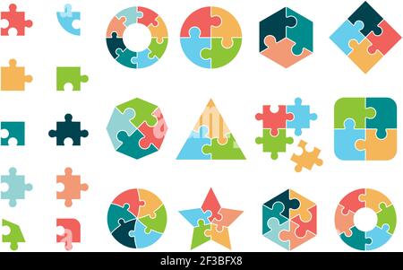 Collezione di puzzle. Business diversi jigsaw forma geometrica rotonda e quadrata tag puzzle pezzi vettori Illustrazione Vettoriale