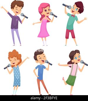 Canti bambini. Happy cute bambini musica voce studio ragazzi e ragazze in piedi con microfono vettori caratteri Illustrazione Vettoriale