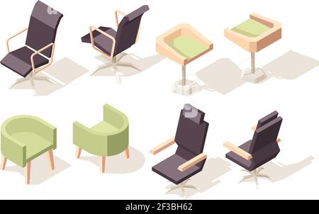 Sedia isometrica. Mobili moderni in legno per mobili da ufficio Vector low poly 3d oggetti collezione sedie e poltrone Illustrazione Vettoriale