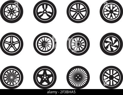 Ruote auto. Forme dei pneumatici per il trasporto delle ruote silhouette vettoriali collezione di simboli dei veicoli Illustrazione Vettoriale