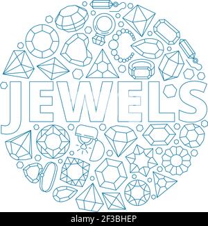 Gioielli sfondo. Forma circolare con lussuosi bracciali con gemme diamantate e brillanti anelli collezione di gioielli vettoriali Illustrazione Vettoriale