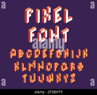 Font pixel. Retro blocco alfabeto gioco in stile retrò 90 lettere cubiche vettore carattere isometrico Illustrazione Vettoriale