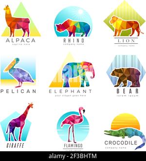 Logo degli animali. Zoo basso poli triangolare simboli geometrici per diversi animali origami colorato business Identity vettore Illustrazione Vettoriale