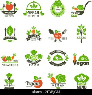 Emblema vegano. Fresco eco sano mercato alimentare vegetariano emblemi ecologia verde vettori simboli isolati Illustrazione Vettoriale