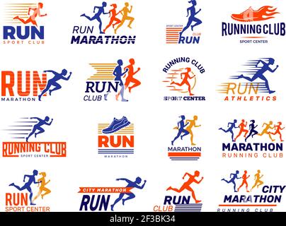 Logo sport. Sana maratona atleti sprinting badge vettore raccolta isolato Illustrazione Vettoriale