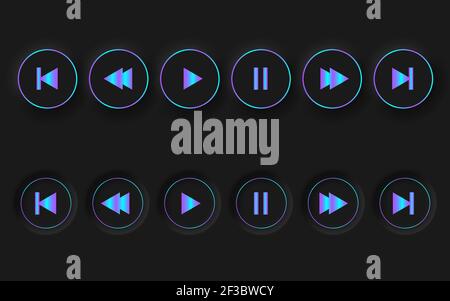 Set di pulsanti vettoriali rotondi neri per il giocatore in stile neomorfismo. Illustrazione Vettoriale