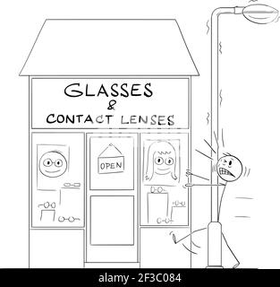 L'uomo che non vede bene ha colpito la luce di strada davanti al negozio di occhiali e lenti a contatto. Umorismo in Vector Cartoon Stick Figura Illustrazione Illustrazione Vettoriale