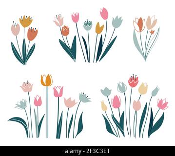 Set di tulipani. Fiori in stile piatto. Vettore isolato su sfondo bianco. Pasqua, ringraziamento. Molla, elementi disegnati a mano. Illustrazione Vettoriale
