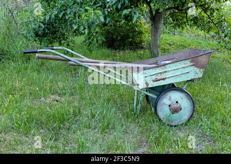 Carriola in metallo verde piena di attrezzi da giardino in legno maneggiati in un giardino. Foto Stock