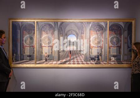 Bonhams, Londra, Regno Unito. 16 marzo 2021. Anteprima della vendita Bonhams Modern & Contemporary African Art che si svolge il 17 marzo. Immagine: J. Neil Roger (Sud Africa, 1941-2013), Passatempi in Villa, un trittico di singole larghezze di tela 50.5, 152 & 50.5 cm, stima £12,000-18,000. Credit: Malcolm Park/Alamy Live News Foto Stock