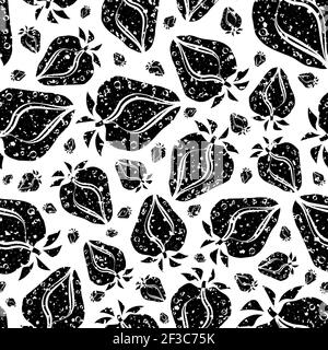 Strawberry linocut sfondo vettoriale senza cuciture. Bacche disegnate a mano in stile stencil con foglie su sfondo bianco e nero. Disegno botanico Illustrazione Vettoriale