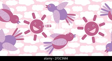 Carino uccello cartoon viola e ridere sole senza giunture vettore bordo. Striscione divertente con uccelli volanti contro uno sfondo textured nuvola. Carattere sfumato Illustrazione Vettoriale