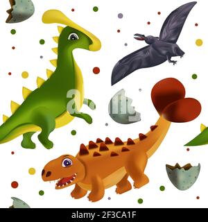 Cute Dinosaur pattern su sfondo bianco. Stampa dinosauro per il tuo design di tessuti, sfondi, tessuti, poster. Grafica divertente dinosauri . Illustrazione vettoriale. Illustrazione Vettoriale