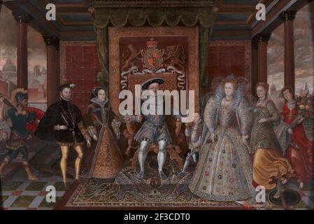 Un Allegorio della successione dei Tudor: La famiglia di Enrico VIII; Allegoria della successione dei Tudor (la famiglia di Enrico VIII), ca. 1590. Dopo Lucas de Heere Foto Stock