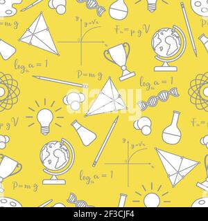 Vector seamless pattern con scientifica, l'istruzione elementi: Globe, formule, boccette, molecole, Atom, DNA, la funzione grafico, matita, triangolo. Progettazione f Illustrazione Vettoriale