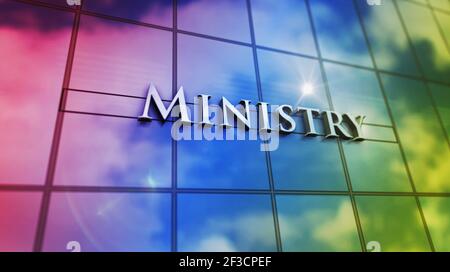 Ministero in vetro edificio. Cielo specchiato e facciata moderna della città. Illustrazione del rendering 3D del concetto del dipartimento governativo. Foto Stock