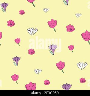 Vettore giallo fondo bianco rosa viola tulipani colore, motivo floreale senza cuciture. Sfondo con ripetizione senza giunture Illustrazione Vettoriale